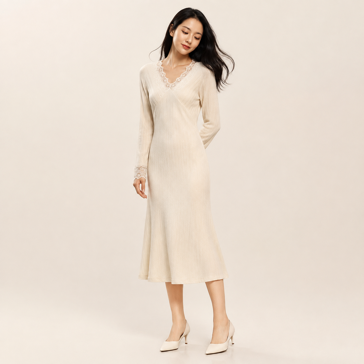 Aveline – robe maille et dentelle Apricot – studio