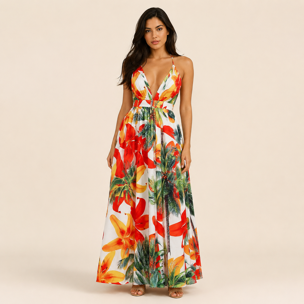 Calista Tropique — robe longue tropicale rouge