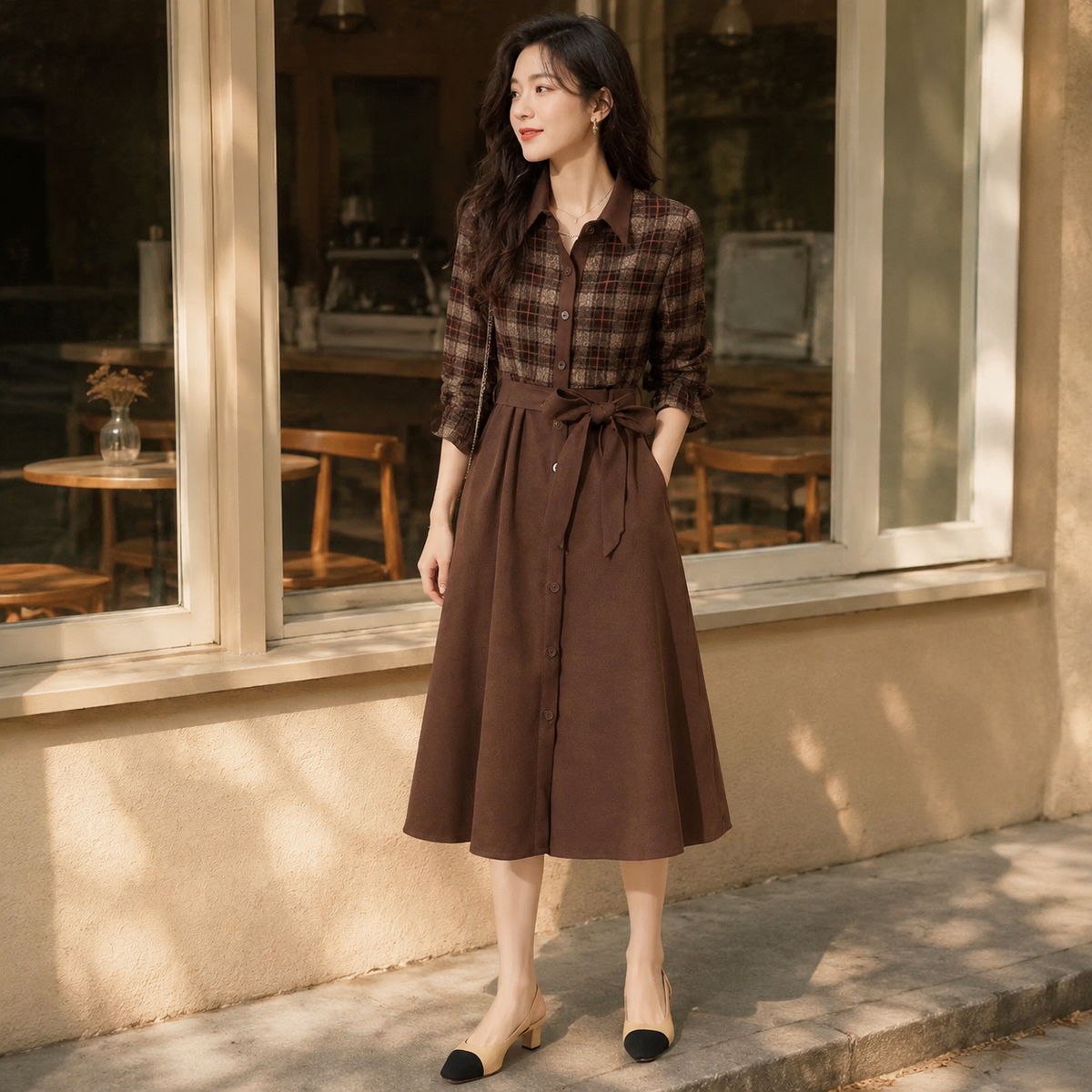 Robe Chemise à Carreaux marron - lifestyle