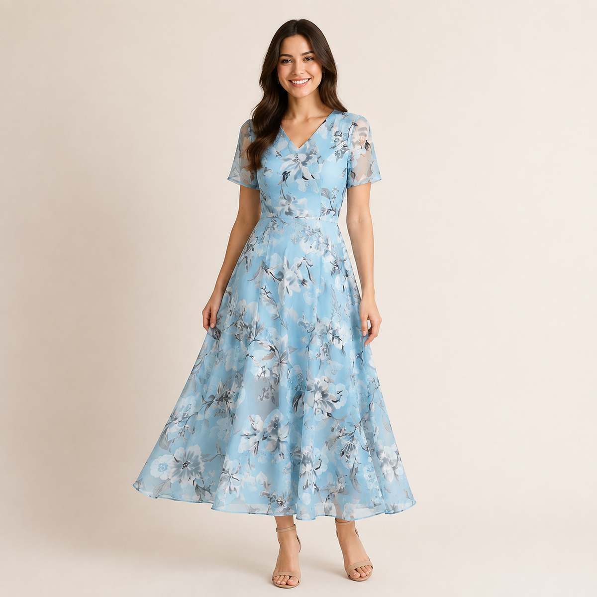Floréa — robe longue fleurie bleu, vue de face