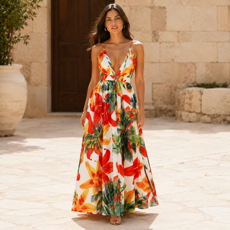 Calista Tropique — robe tropicale en cour méditerranéenne
