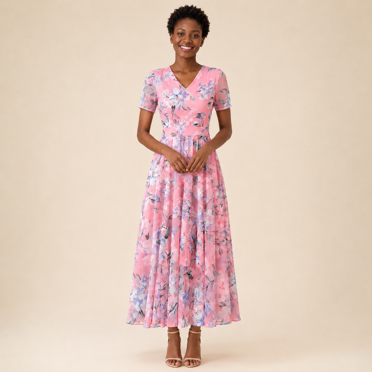 Floréa — robe longue fleurie rose, vue de face