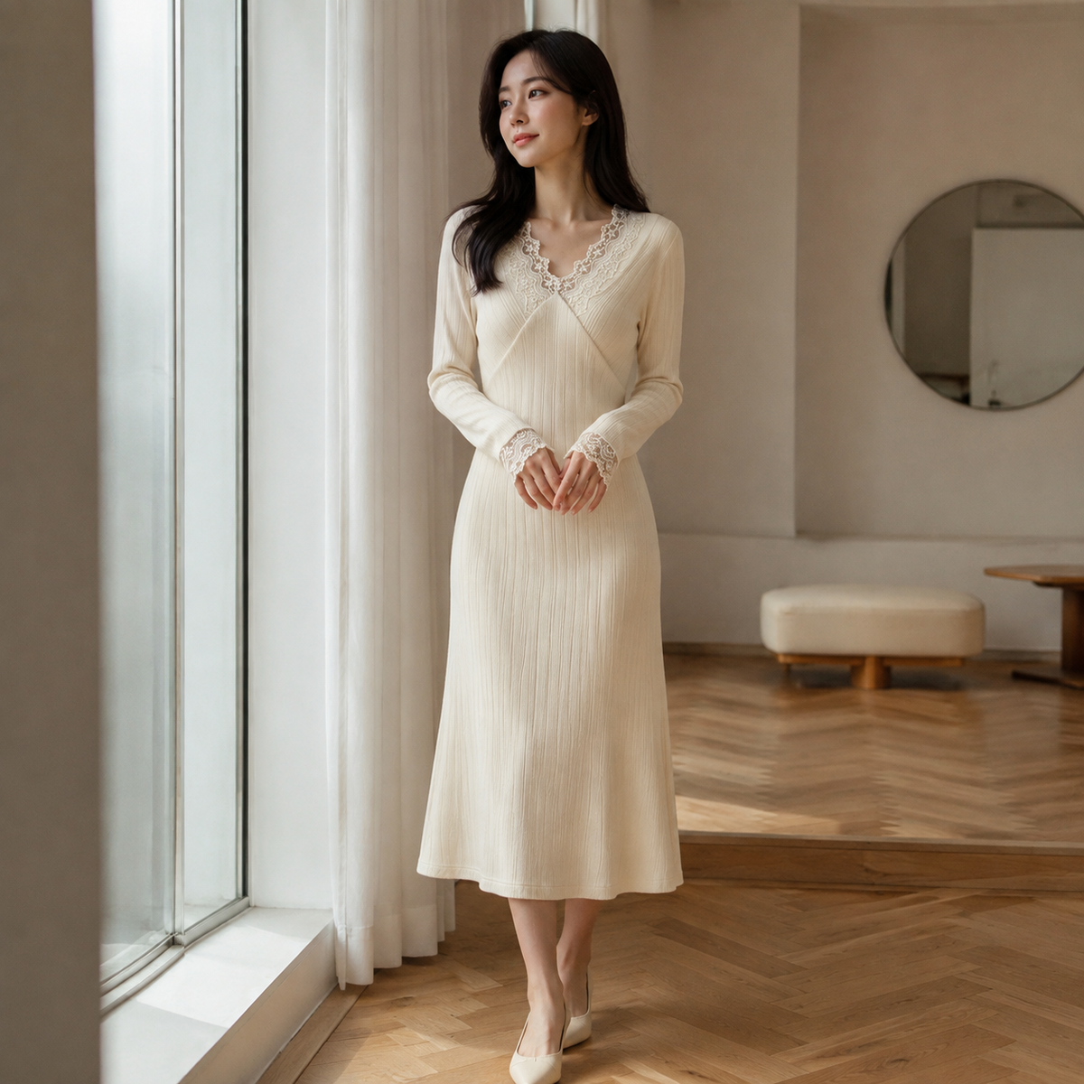 Aveline – robe maille et dentelle – fenêtre