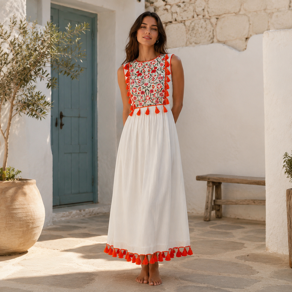Robe Longue Brodée Rouge – scène lifestyle dans une cour