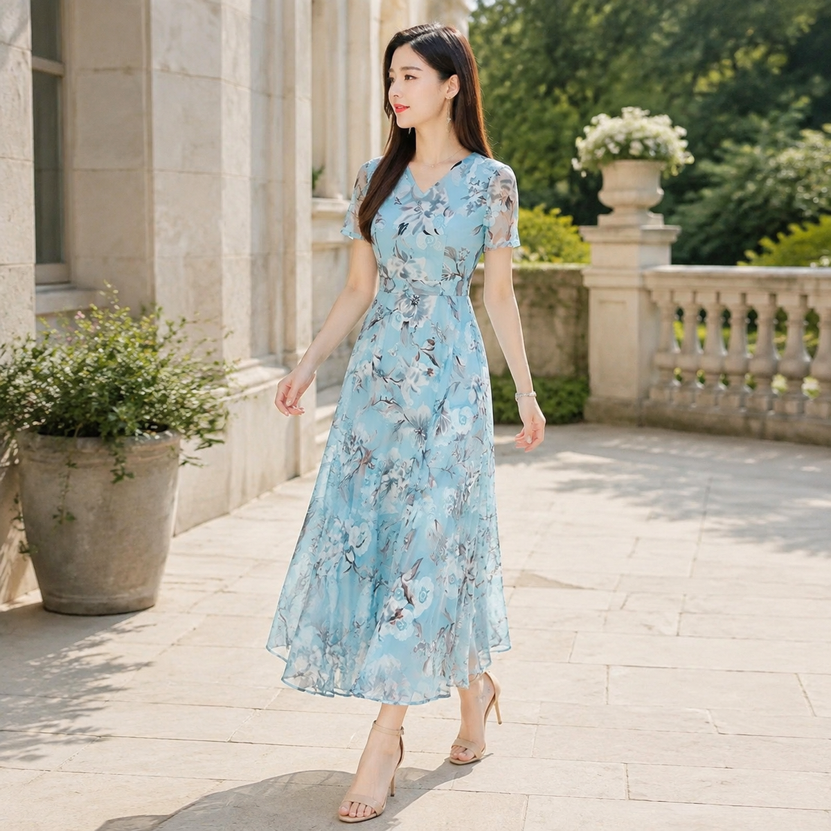 Floréa — robe longue fleurie bleu portée en terrasse