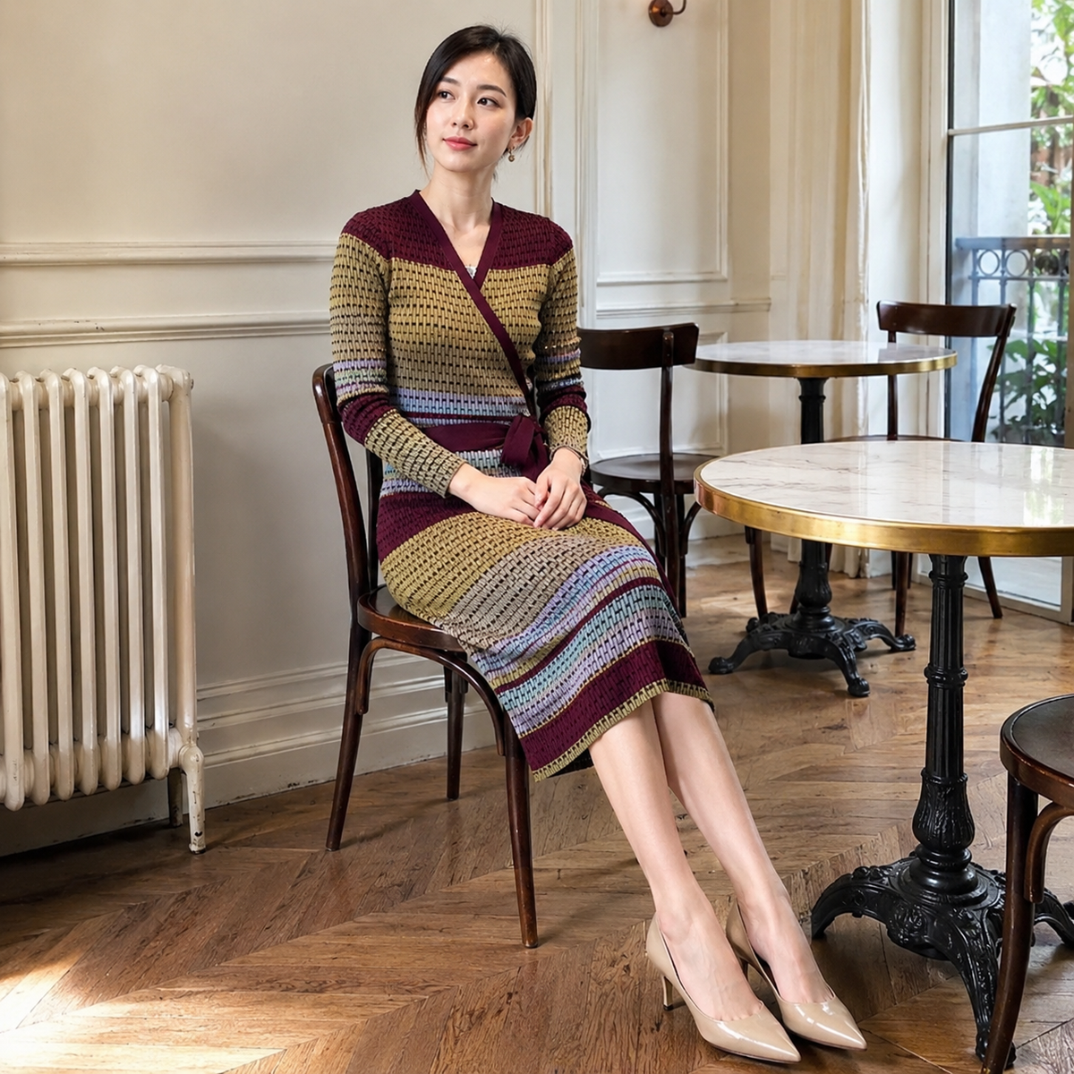 Mirelle – robe portefeuille multicolore – café