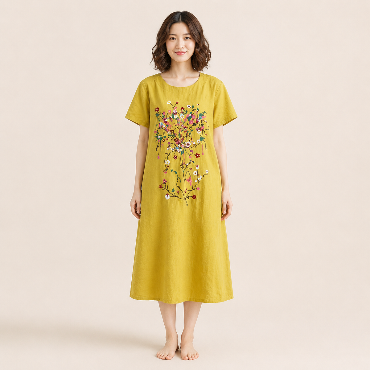 Naya Bohème — robe midi brodée jaune