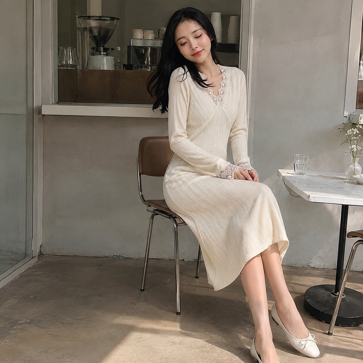 Aveline – robe maille et dentelle – café