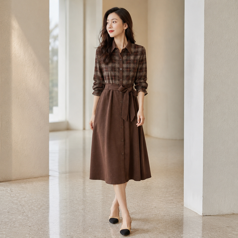Robe Chemise à Carreaux marron - lifestyle galerie