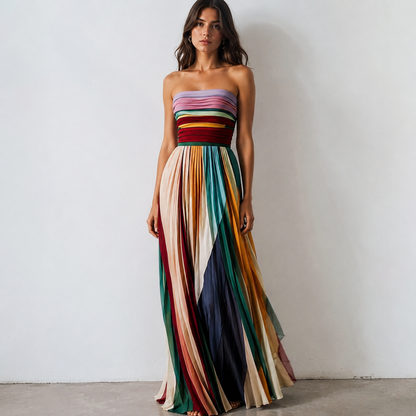 Robe Longue Femme Bustier Rayée Dos Nu Évasée