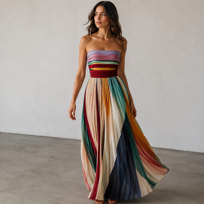 Robe Longue Femme Bustier Rayée Dos Nu Évasée