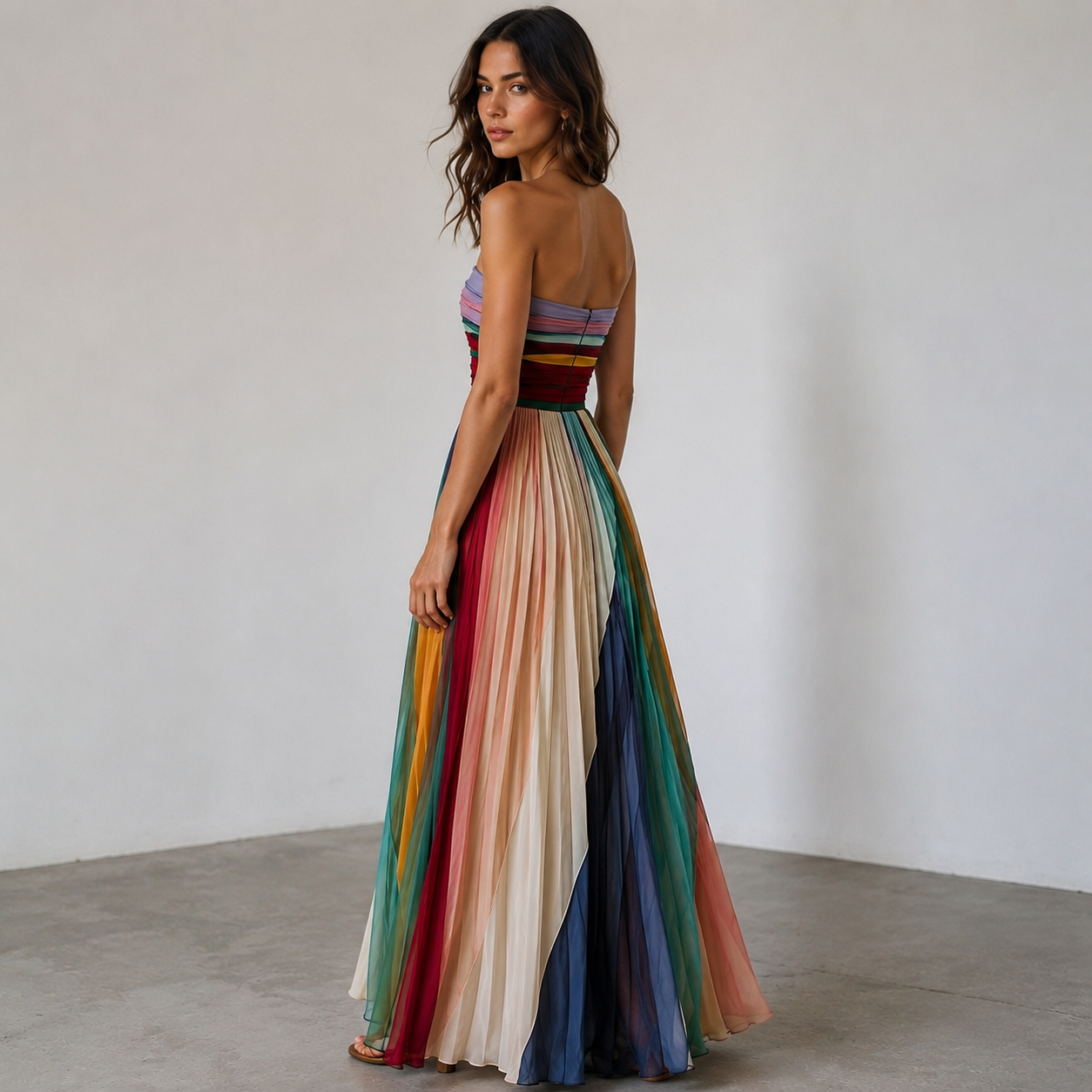 Robe Longue Femme Bustier Rayée Dos Nu Évasée