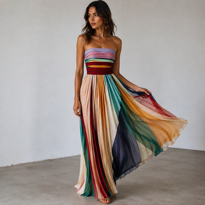 Robe Longue Femme Bustier Rayée Dos Nu Évasée