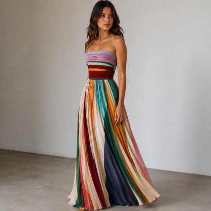 Robe Longue Femme Bustier Rayée Dos Nu Évasée