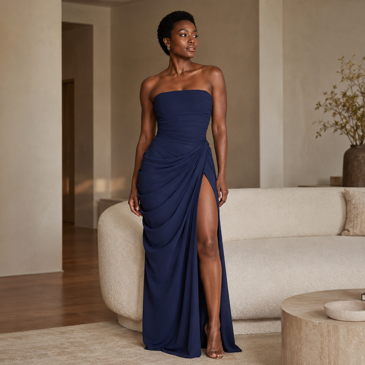 Élise Lumière – robe bleu dans un salon raffiné